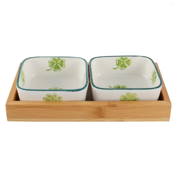 Conjuntos de vajilla Platos de merienda de cerámica con bandeja de madera Tazones cuadrados Aperitivo Plato para servir Almacenamiento de estilo japonés 2