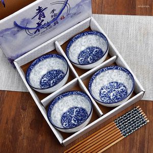 Ensembles de vaisselle bols à soupe en céramique ensemble de vaisselle rétro bol à riz en porcelaine bleu et blanc baguettes boîte à cadeaux