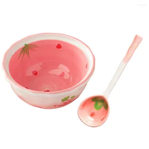 Ensembles de vaisselle Céramique Fraise Bol Salade Servir Ustensiles Belle Cuillère À Riz Vaisselle Impression Créative Céramique Cuisine Enfant