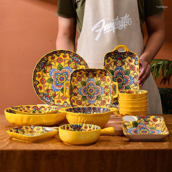 Juegos de vajilla Vajilla de cerámica Plato bohemio Platos de sopa amarillos encantadores Venta al por mayor Cuenco de arroz retro de alto valor