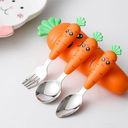 Dinware sets kinderen wortels medewerkers roestvrijstalen lepel lepel flatware met doos kinderen babyvoeding keukenbenodigdheden