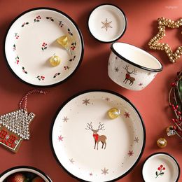 Ensembles de vaisselle assiettes et bols de vaisselle en céramique de noël maison créative rétro Elk mignon pour Dessert aux fruits en porcelaine