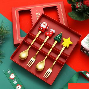 Serviessets Kerst Koffielepels Vorkenset 4-delige roestvrijstalen lepelcadeaus voor kinderen Rode/groene geschenkdoos Drop Delivery Home Gar Dhsbz