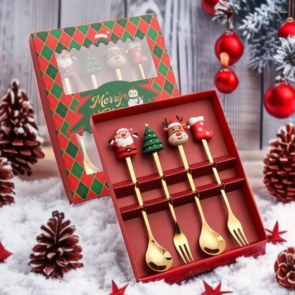 Ensembles de vaisselle Cadeau de Noël Cuillère à dessert en acier inoxydable Père Noël Couple Vacances Fourchette à fruits doré Romantique à long manche