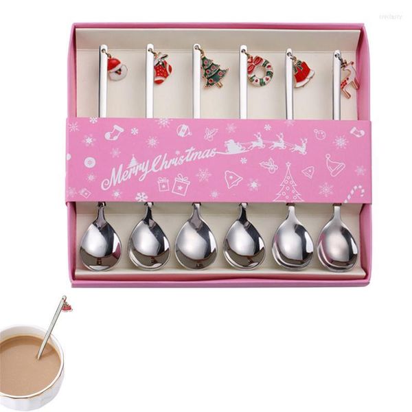 Juegos de vajilla Juego de cucharas navideñas Cubiertos Tenedores 6 PCS Acero inoxidable Café Té Sopa Postre para revolver