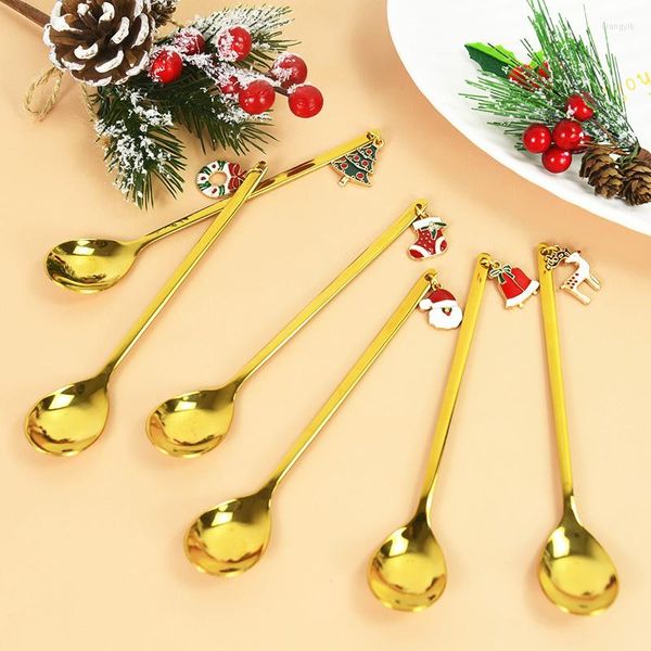 Conjuntos de vajilla Navidad Cuchara inoxidable Adorno Golden Cartoon Elk Año Regalo Juego de café Decoraciones navideñas para el hogar Linda Navidad 2023