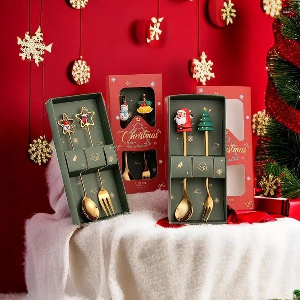 Conjuntos de vajilla Juego de vajilla navideña Dibujos animados Linda cuchara de café Creativo Santa Claus Postre Tenedor de fruta Caja de regalo