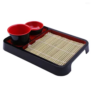 Ensembles de vaisselle Assiette de nouilles froides Plateaux en plastique Ensemble rectangulaire Udon Dish Abs Bamboo Mat Japanese