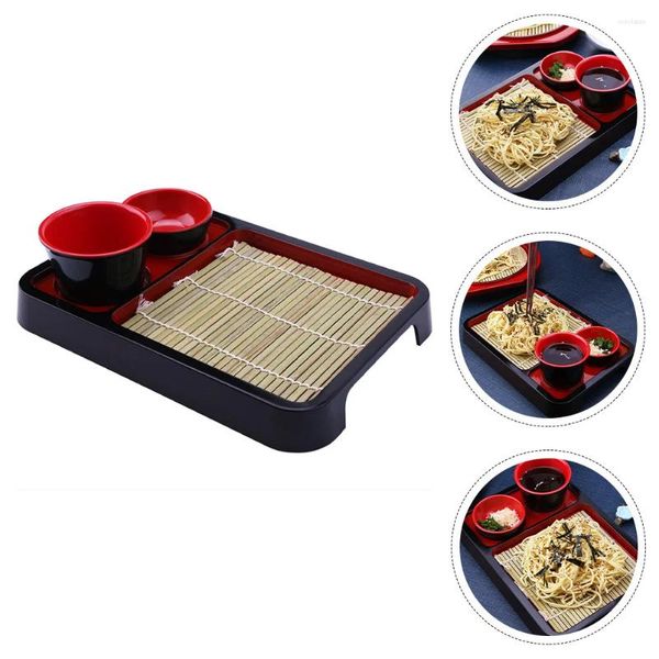 Juegos de vajilla Plato de Fideos fríos Plato de Restaurante Cubiertos de Madera japoneses Estera de bambú Platos Cuadrados Plato para Servir Vajilla Estilo