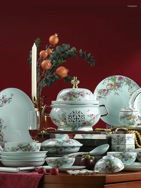 Ensembles de vaisselle en céramique émaillée de couleur, bols et plats de ménage chinois, assiette à bol, peinture manuelle, émail doré