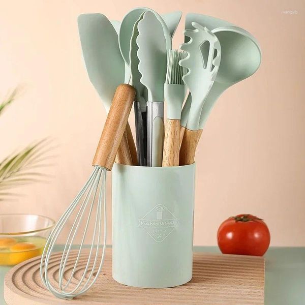 Ensembles de vaisselle Cuisson Ensemble d'outils de cuisine en silicone avec manche en bois clair Brosse et fourchette antiadhésives de 12 pièces