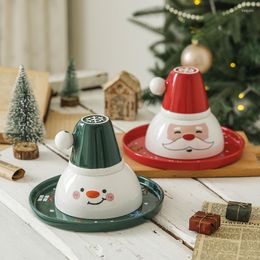 Set di stoviglie Creative 3PCS Buon Natale Tazza in ceramica Set di piatti per tazze Piatto per tazze rosso verde carino Festa per la casa divertente