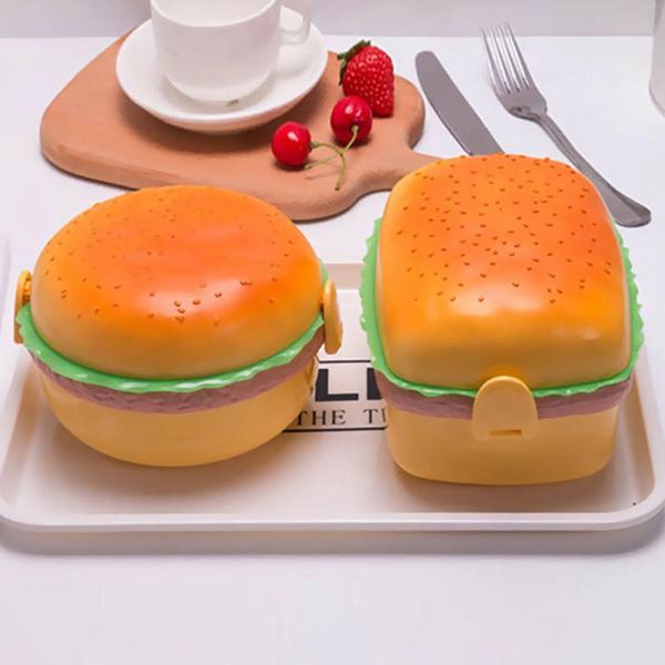 Juegos de vajilla Creative Cute Hamburger Lunch Box Doble nivel Bento Burger Boxes Niños School Container Vajilla Set con tenedor KidsDinne