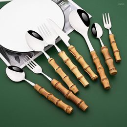 Dijkartikelen Sets Creative Natural Bamboo Set 304 roestvrijstalen bestek Silver Knife Dessert Fork Lepel TABLE TRAIRE Luxe Flatware 1pc