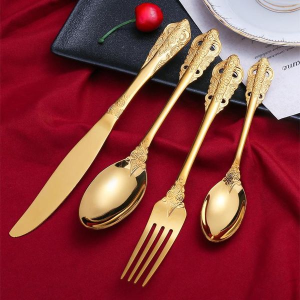 Juegos de vajilla, cuchara creativa, vajilla occidental, restaurante, cuchillo de acero inoxidable chapado en oro, tenedor, juego de 4 piezas de relieve antiguo