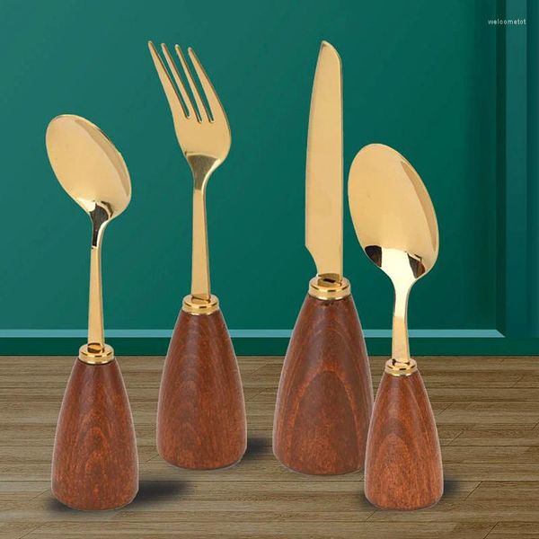 Conjuntos de vajillas, vajilla creativa con mango de madera, cuchillo occidental de lujo, juego de tenedor y cuchara, herramienta de cocina estable de titanio