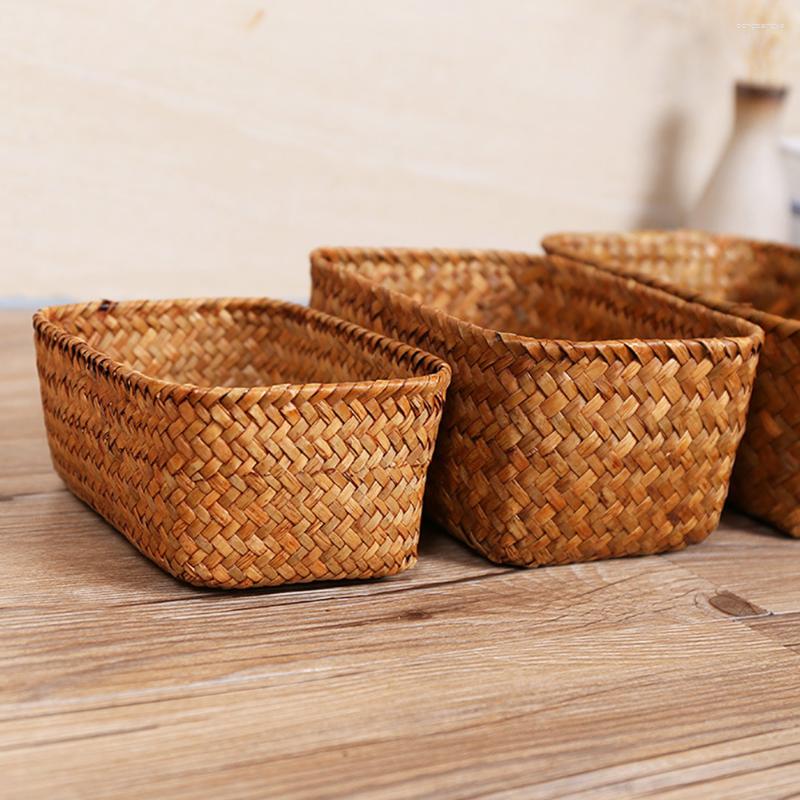 Dinnerware Sets Desktop Woven Basket Weave Wicker Seaweed Storage Container Girl Sundries Household Holders