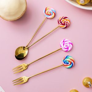 Din sets sets Donut Lollipop vork lepel 304 roestvrijstalen dessert fruitvorken honing Coffee roeren Kid -bestek Accessoires