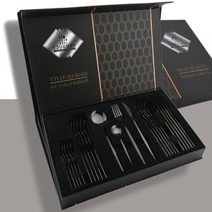 Ensembles de vaisselle Drmfiy 24P Couverts En Acier Inoxydable Ensemble Couteau Fourchette Cuillère Couverts Vaisselle Noire Coffret Cadeau Lave-vaisselle Ustensiles De Cuisine 230630