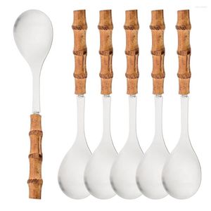 Dinware sets DRMFIY 6PCS servies roestvrijstalen bestek houten bamboe rootgreep zilveren serveer salade server vork lepel