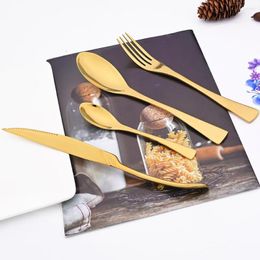 Ensembles de vaisselle Drmfiy Gold 24pcs / Set 304 Miroir Couverts en acier inoxydable Argenterie Couteau à steak Fourchette Cuillères à café Vaisselle