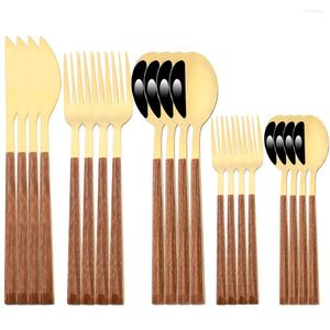 Ensembles de vaisselle Drmfiy Couverts en or Ensemble en acier inoxydable 20pcs Couteau de dîner en bois imitation Fourchette Cuillère Argenterie Vaisselle Cadeau