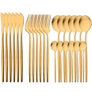 Dijkartikelen sets DRMFIY MATTE 24 -stks goud bestek set servies set keuken flatware kniver vorken theelepels roestvrij staal western servies set 230503