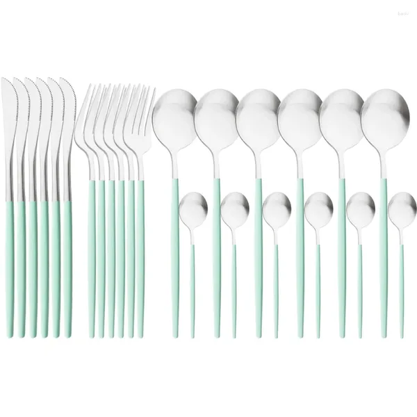 Conjuntos de vajilla Drmfiy Mint Green Silver Set 24 piezas Vajilla mate Cubiertos occidentales Cuchillo Cuchara de té Tenedor Cubiertos Cubiertos