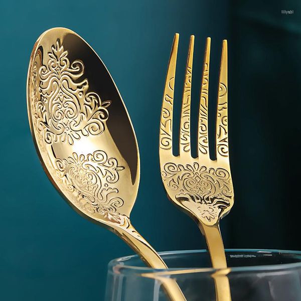 Conjuntos de vajilla Juego de cubiertos bordados Cuchillo de filete dorado y tenedor Cuchara Vajilla floral de lujo Accesorio de cocina de acero inoxidable
