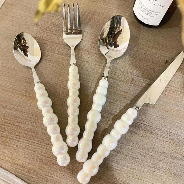 Ensembles de vaisselle Europe mode perle ensemble de couverts en acier inoxydable créativité couteau cadeau fourchette vaisselle couverts poignée en céramique Spo D3R1