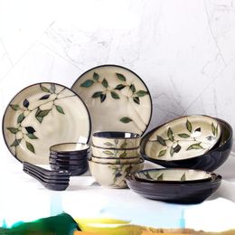 Setwares Sets European and American Ceramic Bowl Creative Hand beschilderde rijstplaat Bamboe bladsoepsade Retro