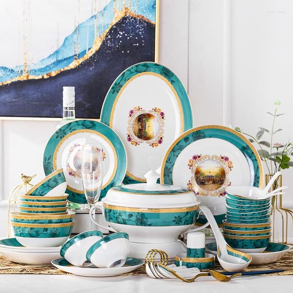 Ensembles de vaisselle de style européen Bone China Vaisselle Costume Jingdezhen Céramique Bol Assiette Golden Edge Ménage Plat 58 Cadeaux