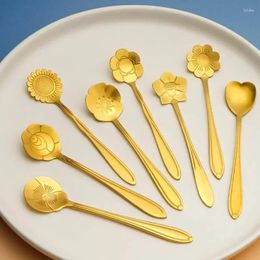Ensembles de vaisselle de la vaisselle de glace fleurie bouteuse Coffee Small Silver Dessert Spoon Crème Crème Milk Towpoon Gold Steel inoxydable