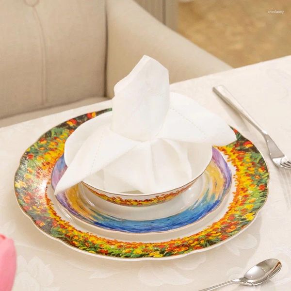Ensembles de vaisselle Ensemble de vaisselle en porcelaine à os élevé de Style pastoral français peinture à l'huile bols et assiettes en céramique de luxe en émail tulipe