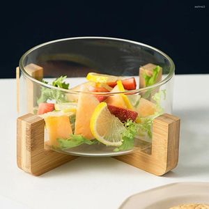 Ensembles de vaisselle à salade de fruits en verre mélange de servis de la cuisine avec base en bois haut borosilicaté