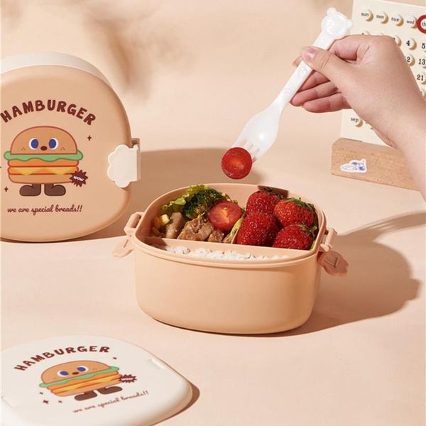 Ensembles de vaisselle Fun Cartoon Burger Lunch Box avec compartiments Beau nettoyage pratique Bento Kids Supply