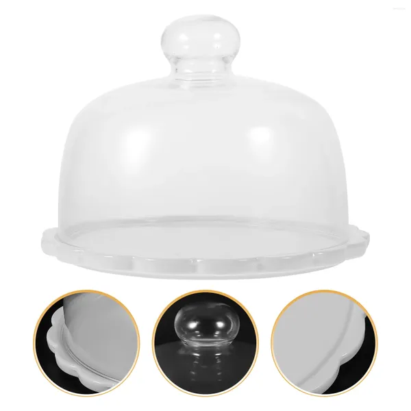 Conjuntos de vajilla Cúpula de pastel de vidrio Cubierta de exhibición de cloche transparente redonda con bandeja de servicio de cerámica Tapa de placa
