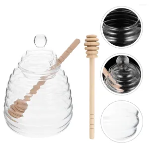 Deding Sets Sets Glazen heldere honingpot met dipper handige dispenser huishoudelijke container siroop pot transparante houder