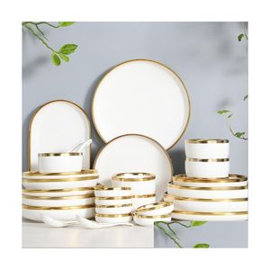 Dinnerware Sets Gold Edging White Porcelain Plates Food Dinner Set Dishes Salad Soup Bowl Ceramic Bowls Luxurious Tableware Drop Del Dhukd