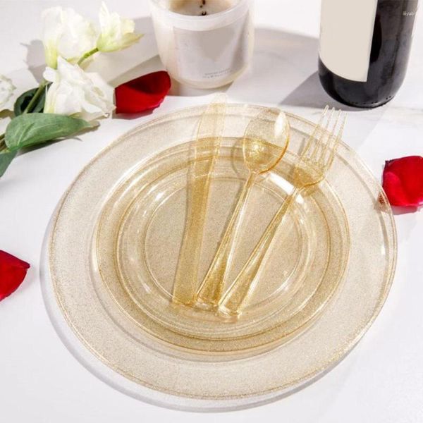 Juegos de vajilla, juego de vajilla desechable transparente con polvo dorado, cuchillo, tenedor, cuchara, decoración para fiesta de feliz cumpleaños, suministros de boda para niños y adultos