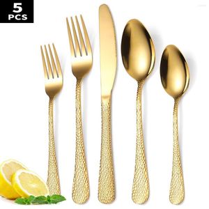 Dijkartikelen Sets gouden tafelwerk slanghuid hamergreep tafel bestek 5 -stcs mes vork lepel luxe set cadeau