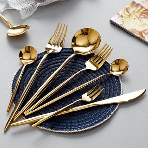 Dijkartikelen Sets gouden glanzende vorkmesset koffie lepel dessert chopsticks keukengadget flatware roestvrij staal servies