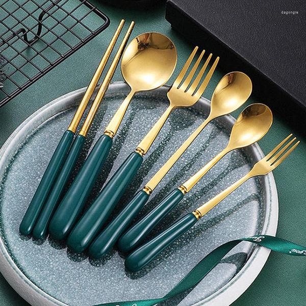 Ensembles de vaisselle Ensemble de couverts vert doré avec poignée en céramique baguettes en acier inoxydable cuillère couteau fourchette cuillère à café ustensiles de table pour