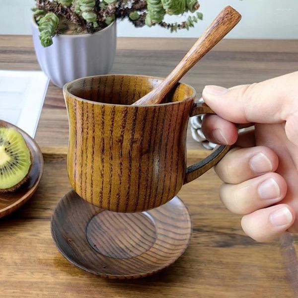 Juego de vajillas Copa de madera hecha a mano Taza de cerveza Desayuno con platillo mezclando tazas de café con cucharadas de gafas simples