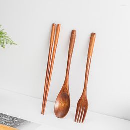 Dijkartikelen sets Hemu Natural Wood 3-delige tabelwaren Chopsticks vork draagbare handgemaakte huishouden huishouden vaste lange handgreep lepel niet-slip