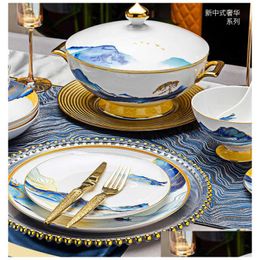 Ensembles de vaisselle Vaisselle de cadeaux haut de gamme Céramique sur mesure Jingdezhen Bone China Glaze Color Plats Set Paysage Luxury Dro Dh3Lm