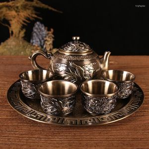 Ensembles de vaisselle service à thé de haute qualité théière en Bronze à l'ancienne Dragon et Phoenix ornements de vin plaqués argent