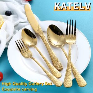 Ensembles de vaisselle Ensemble de couverts de haute qualité poignée sculpture exquise en acier inoxydable vaisselle dorée couteau fourchette cuillère couverts argenterie 230901