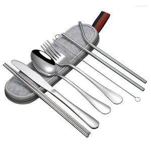 Ensembles de vaisselle maison ensemble de vaisselle couverts portables en acier inoxydable couteau fourchette cuillère baguettes paille voyage couverts
