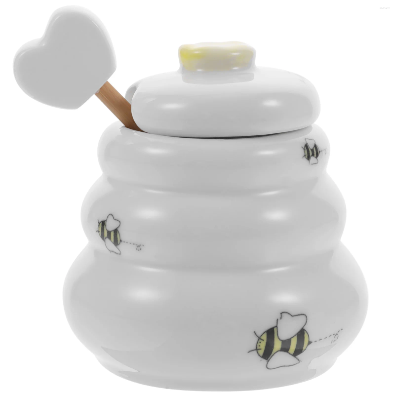 Dinnerware Sets Honey Jar Stick Ceramic Pot Container Lid Syrup Jars Condiment Dispenser Jam Storage Bottle Tea Cute